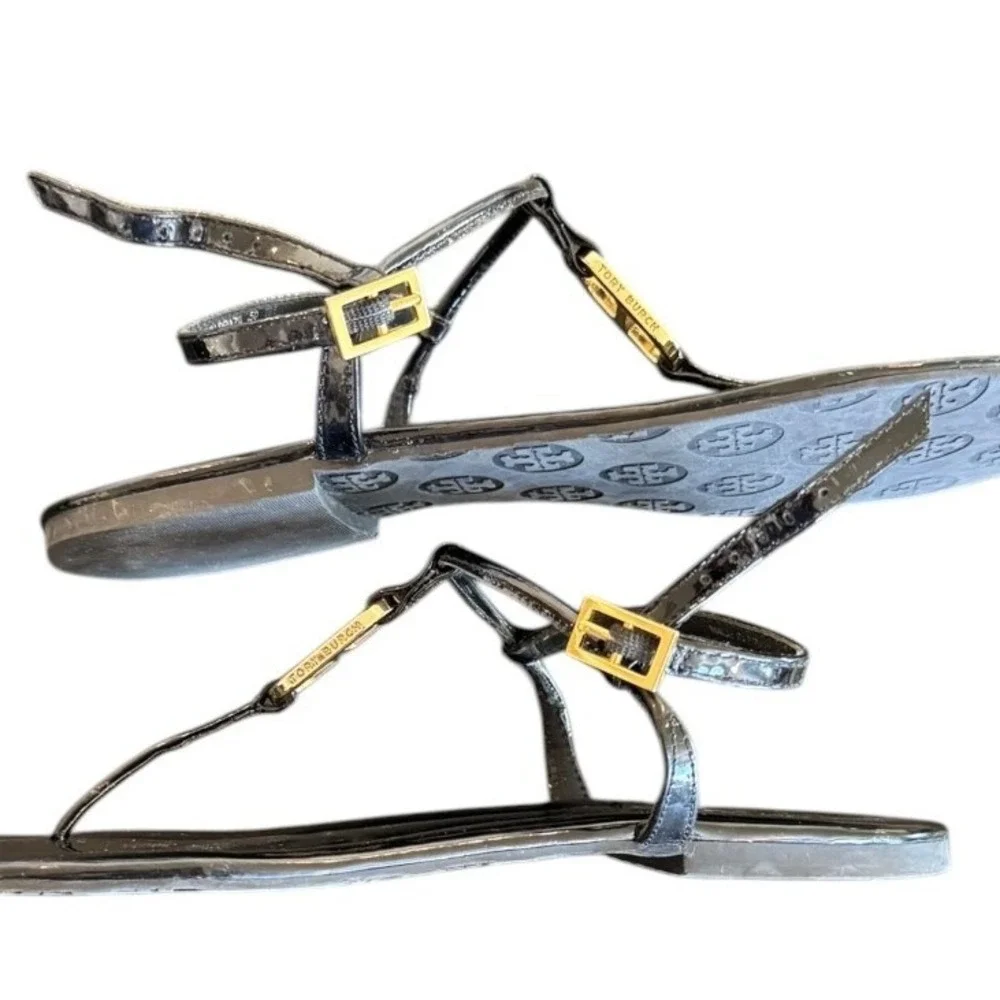 Tory Burch Womens Patent Sandals 7M Black T Strap Thong Gold Link Minimalist
